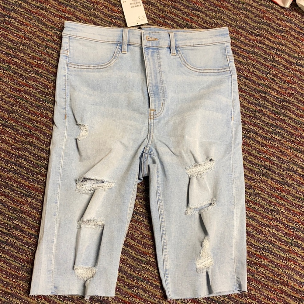 High waist denim ripped Bermuda shorts